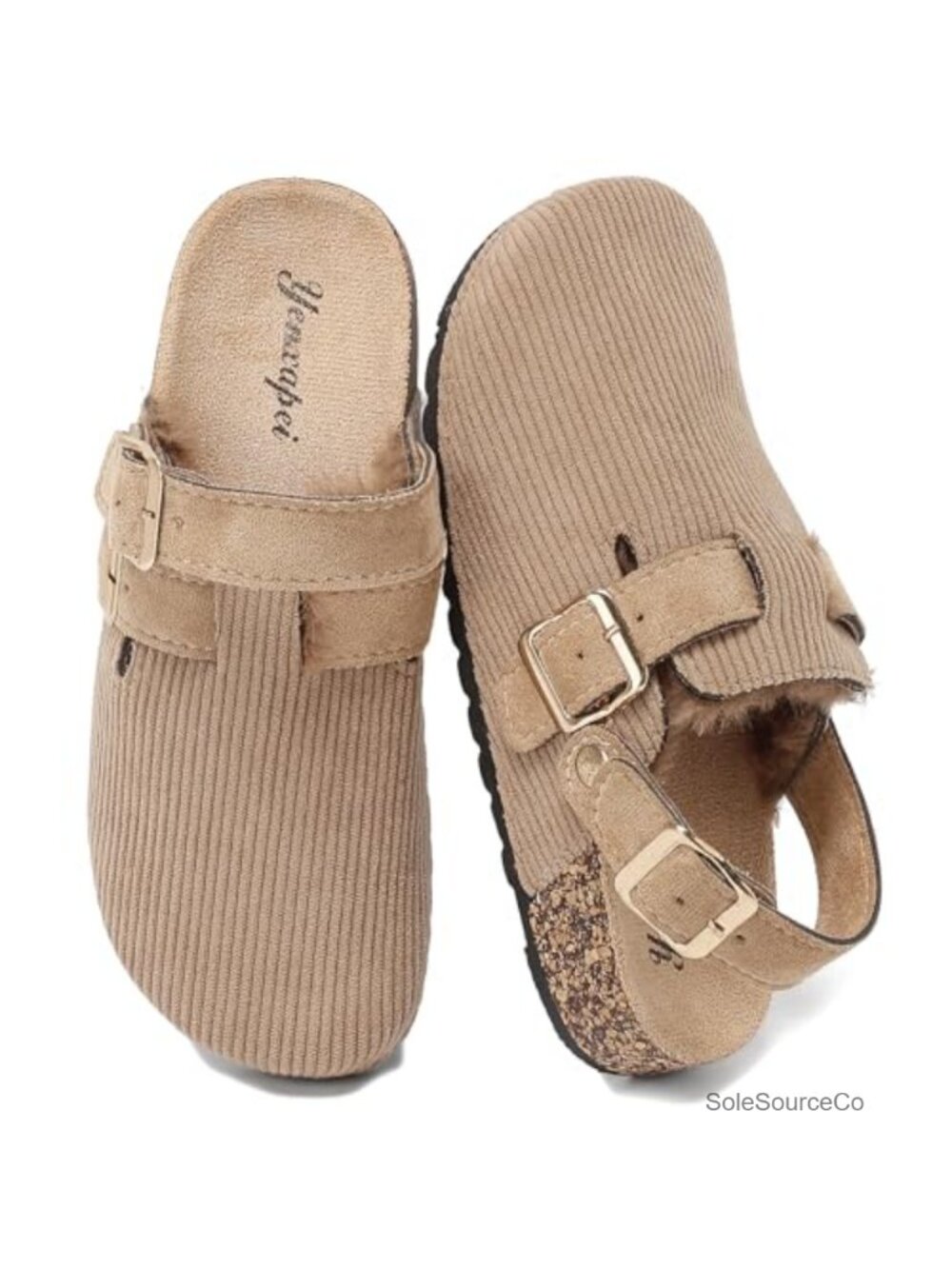 Suede Clogs for Women Faux Fur Lining Mules with Back Strap Cork Footbed
